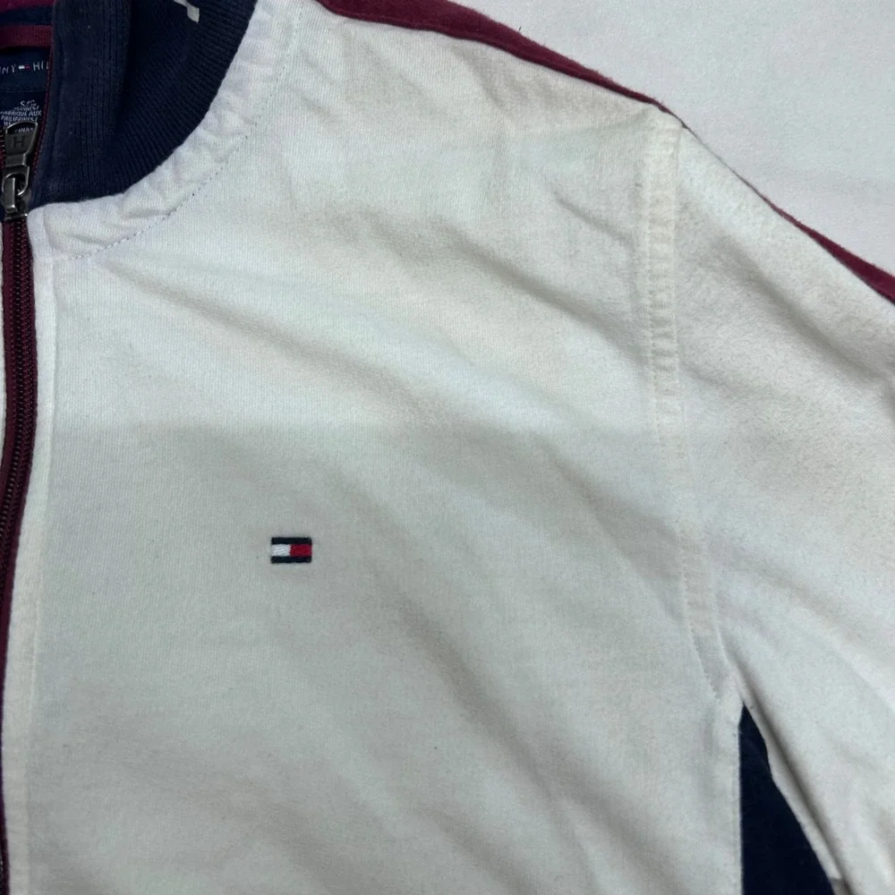 Tommy Hilfiger Mens Colorblock Sweatshirt Zipup White Navy Burgundy Small